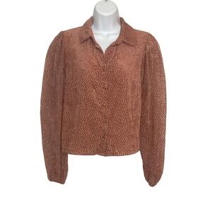 Lulus Womens Small Blouse‎ Pink Button Up Polka Dot Puff Sleeve Sheer Feminine